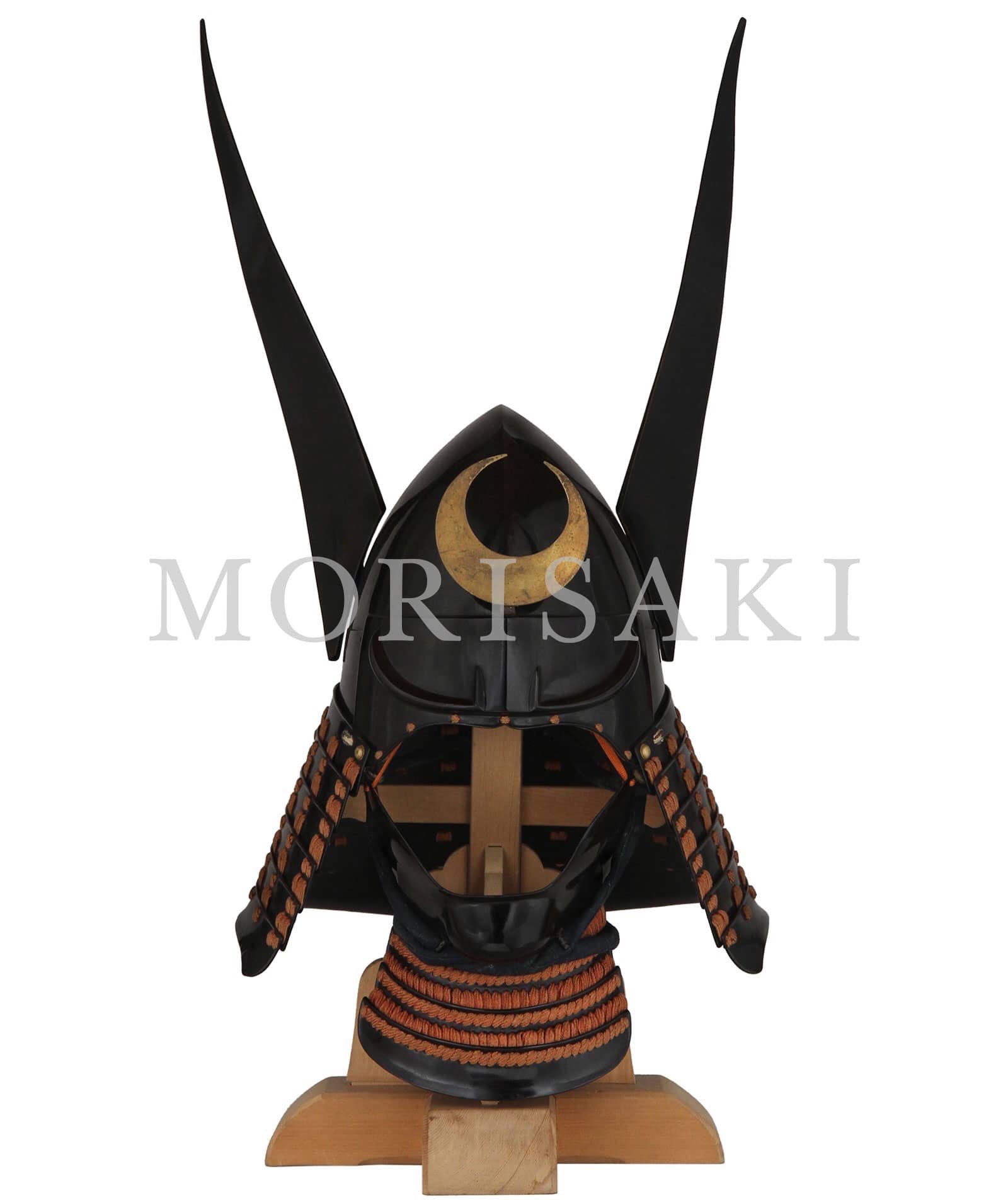 商品名 ： K-36 黒漆塗椎ノ実形兜 脇立・半頬付き ] 甲冑・武具